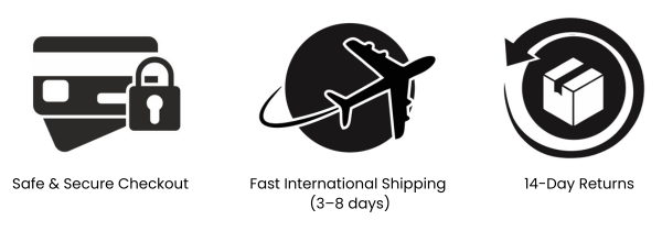 Set of icons representing safe & secure checkout, fast international shipping, and 14-day returns on a white background.