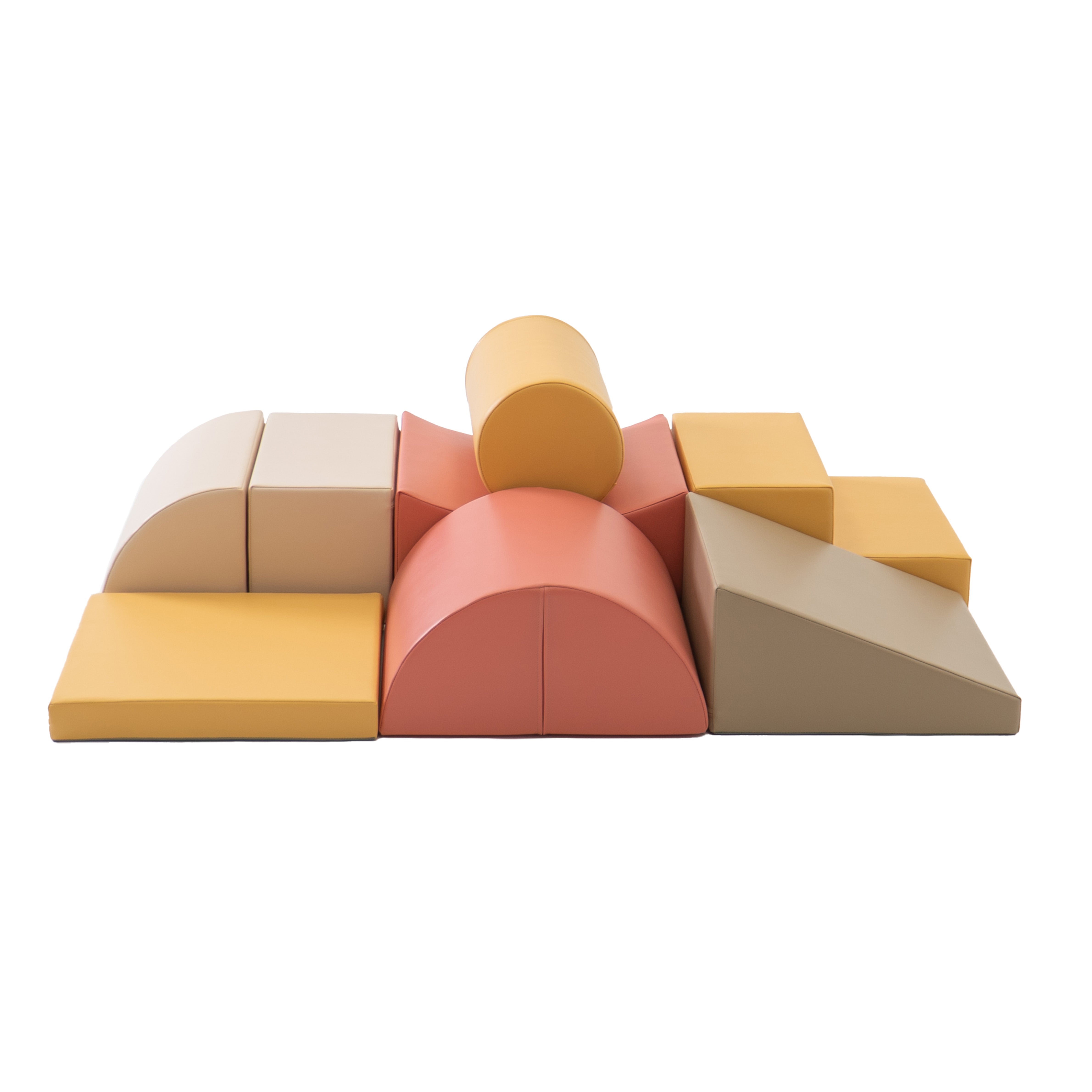 Adventurer soft play set in beige and pink laid out in a structured configuration