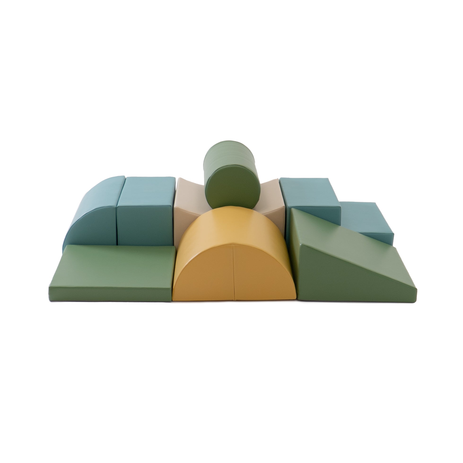 Adventurer soft play blocks in beige and turquoise arranged in a compact design