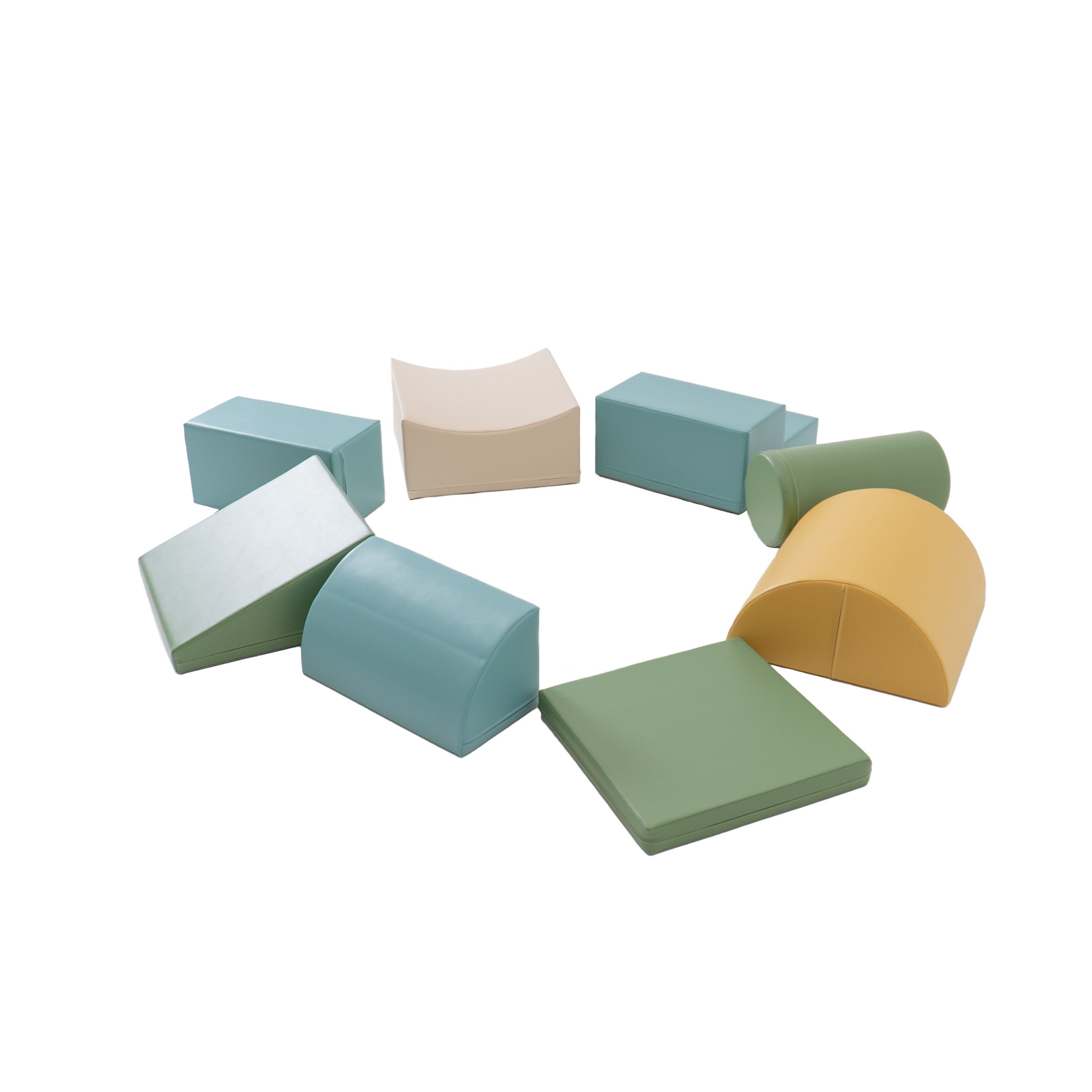 Circular arrangement of Adventurer beige and turquoise soft play elements