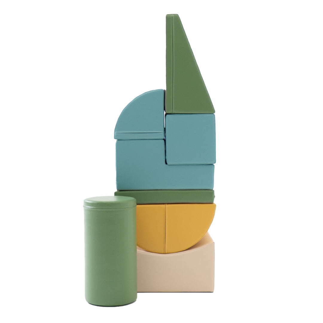 Vertical creative build using Adventurer beige and turquoise soft play pieces