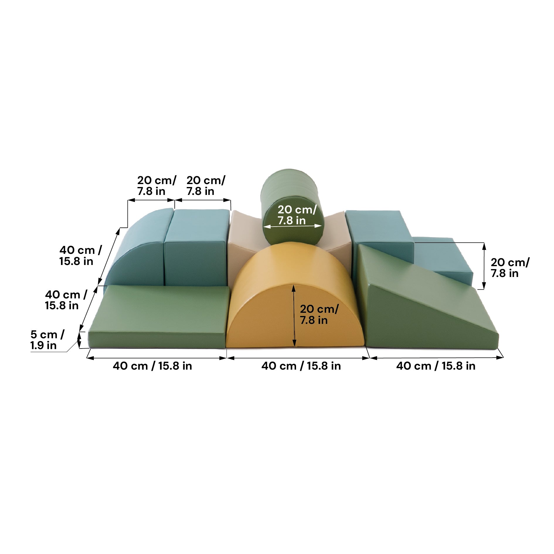 Size layout view of Adventurer soft play set in beige and turquoise