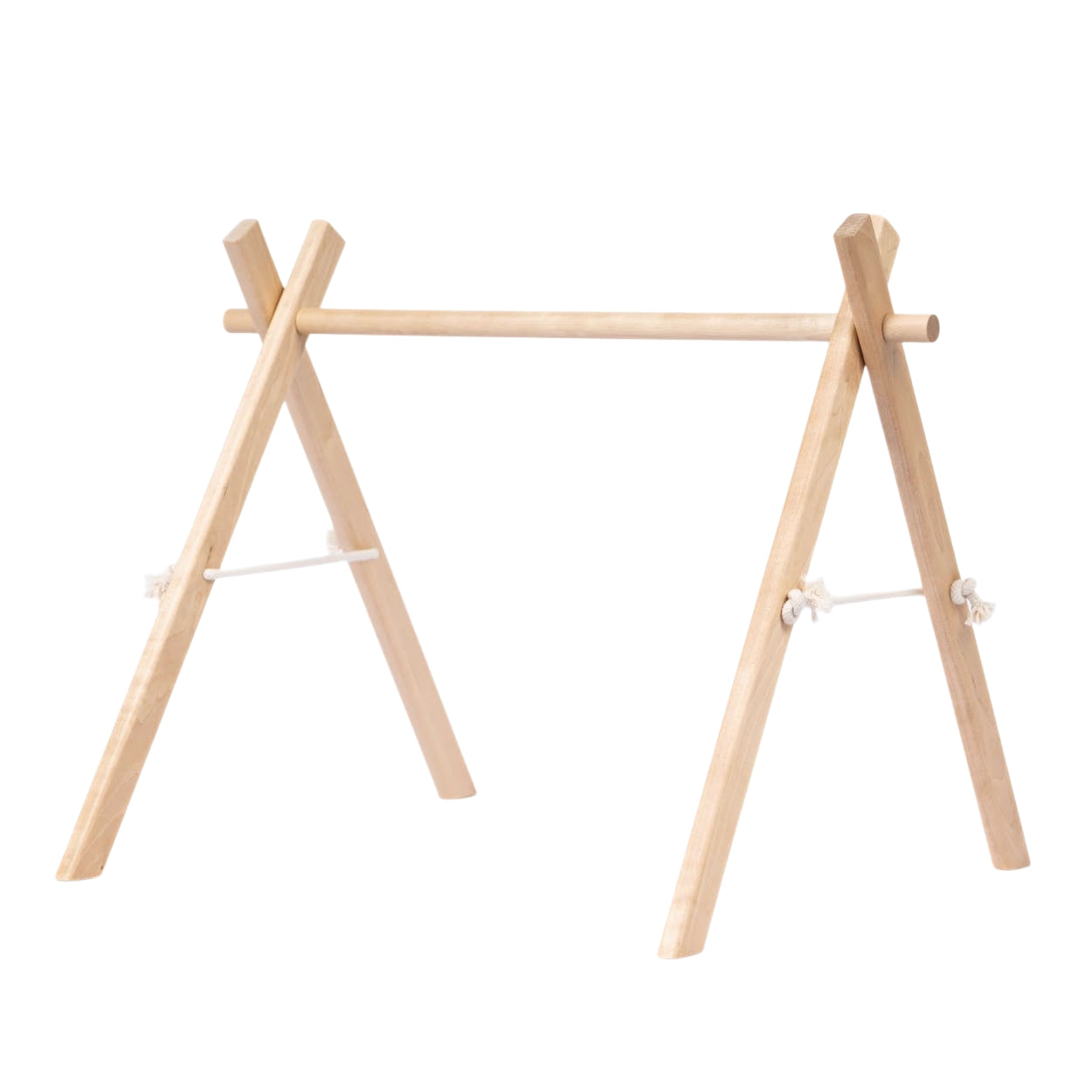 Wooden baby gym where toys can be hanged for playtime.
