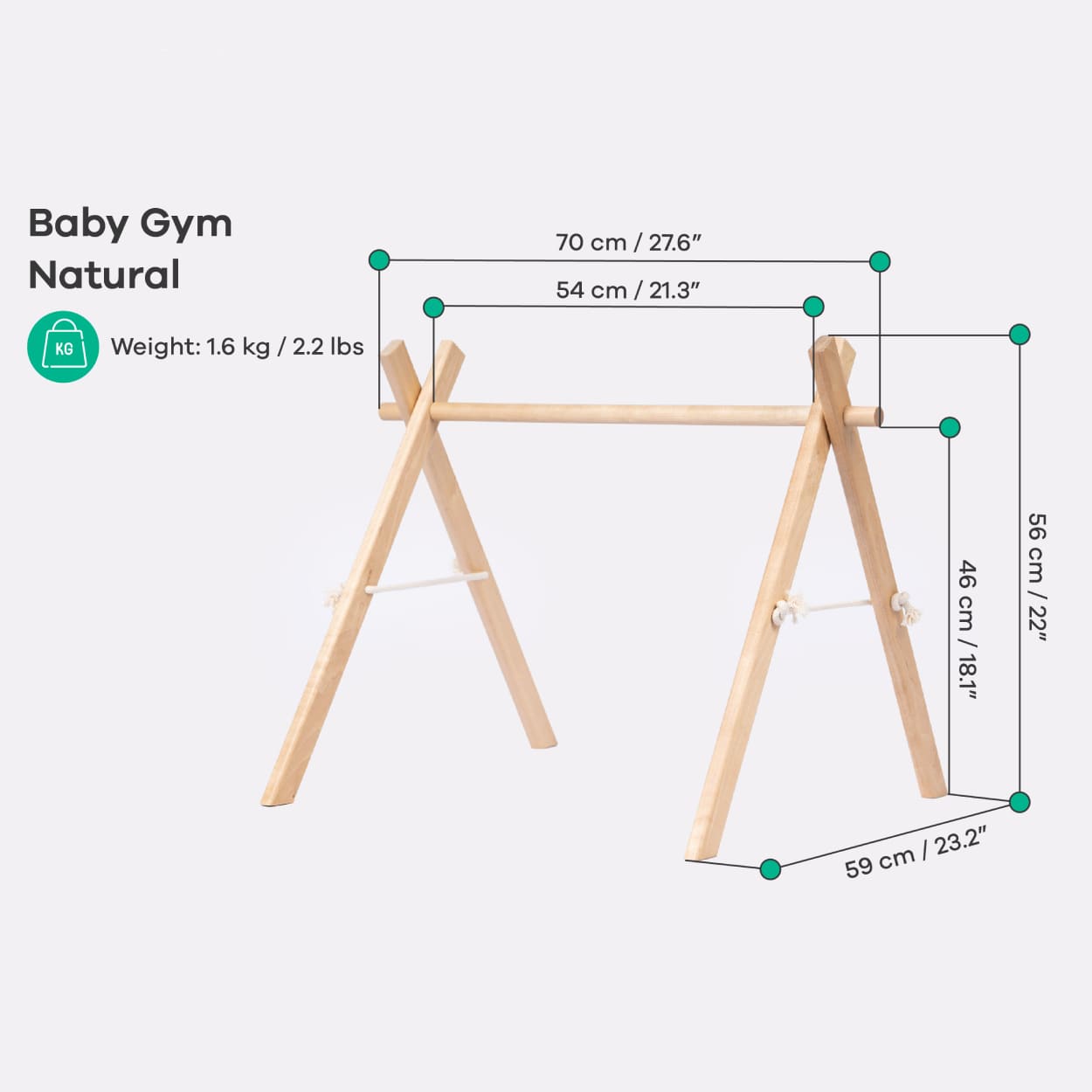Size chart of leg&go natural baby gym wooden frame