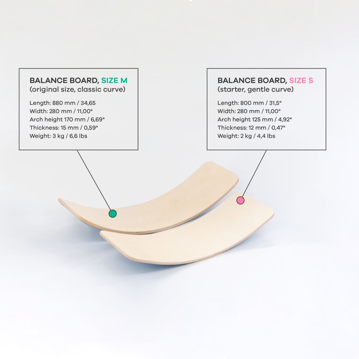 size comparison of leg&go wooden balance board small and medium size boards.