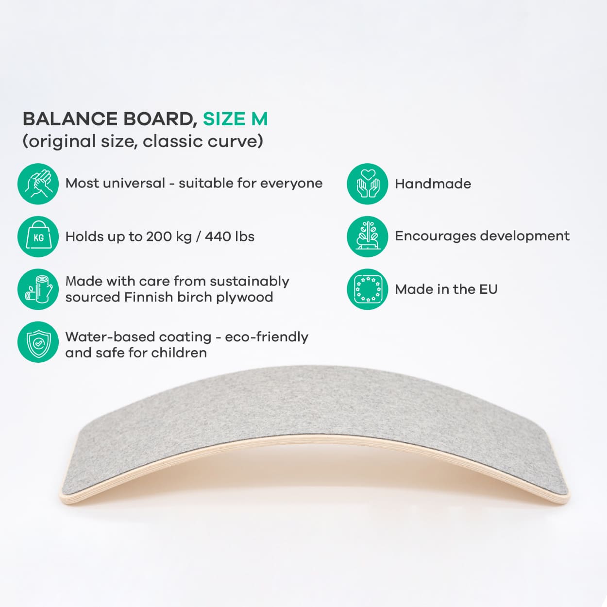 Benefits chart of leg&go wooden balance board with felt bottom 
