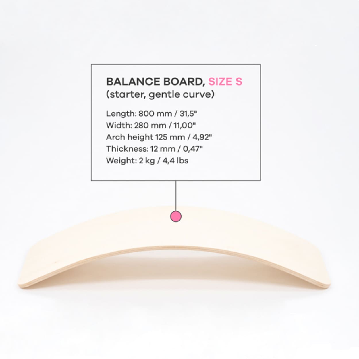 Size and dimensions chart of a small sized wooden balance board