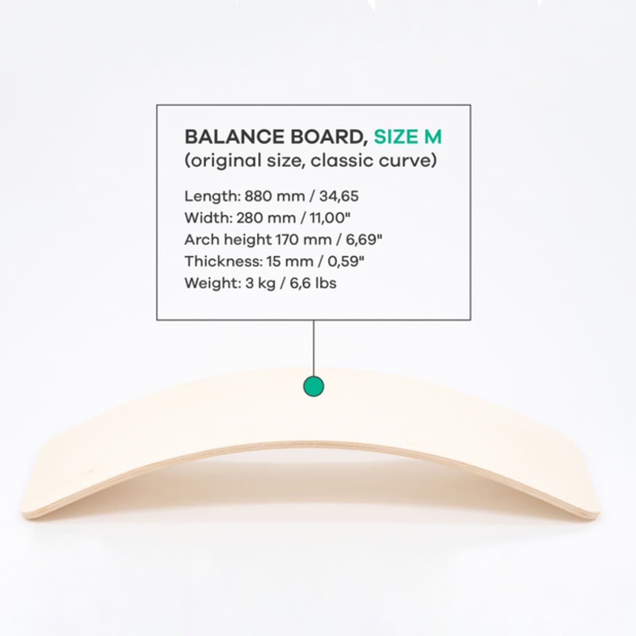 Size and dimensions chart of a medium sized wooden balance board