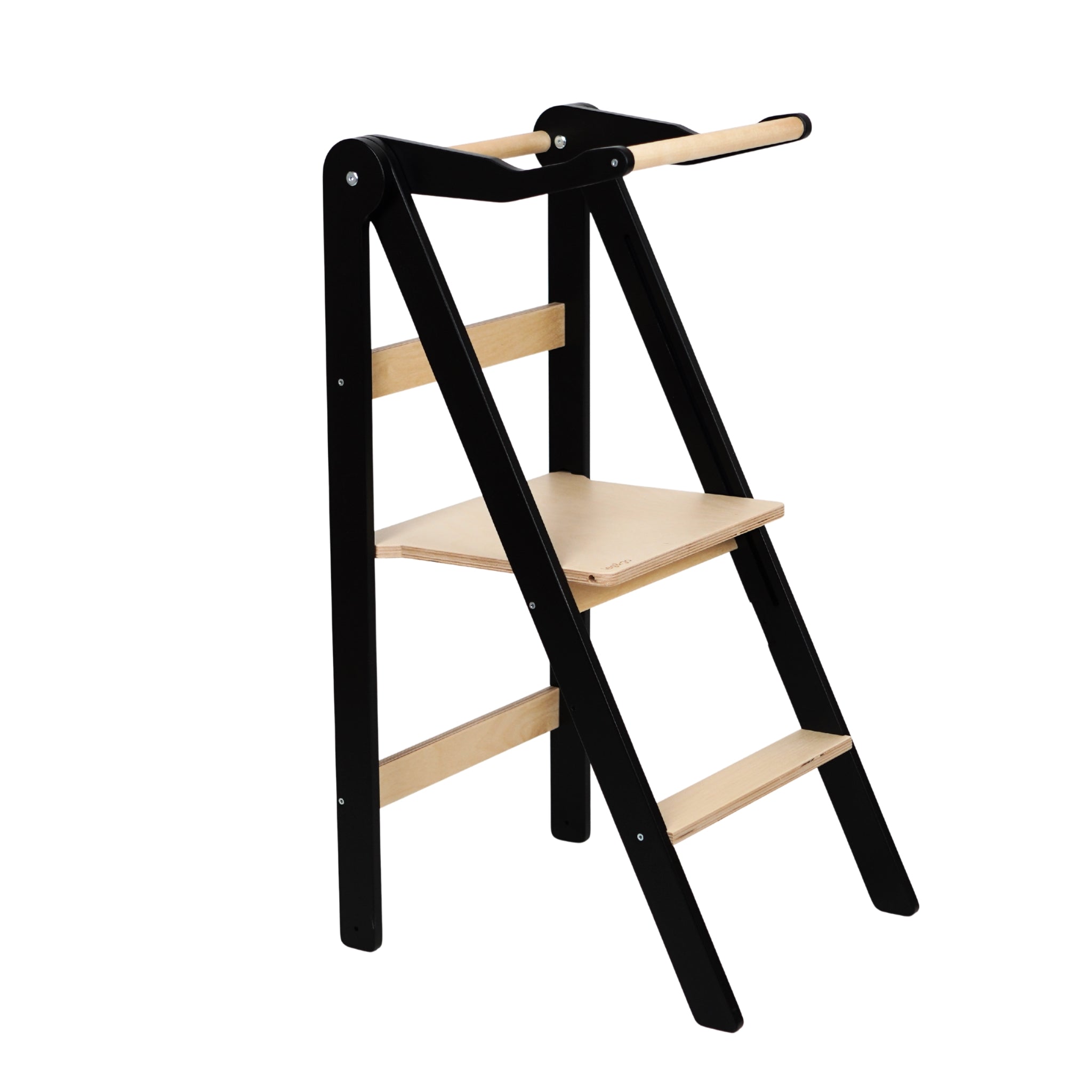 Black foldable learning tower for kids with safety rail, modern wooden kitchen helper stool