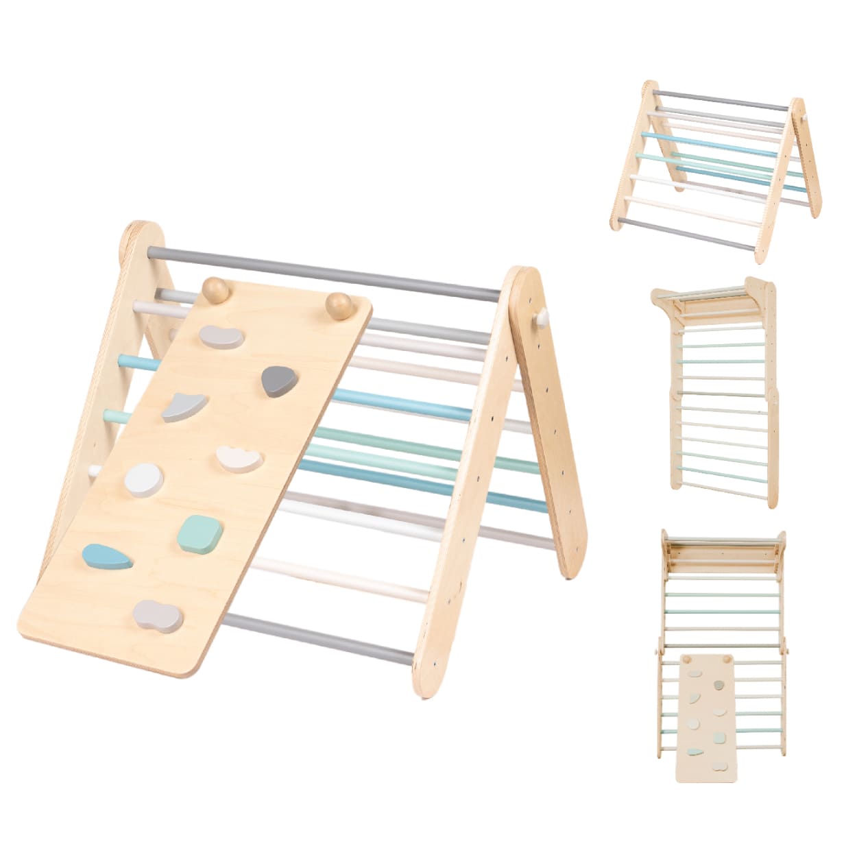 leg&go Wooden climbing gym - Swedish ladder set with a slide in pastel color scheme. 