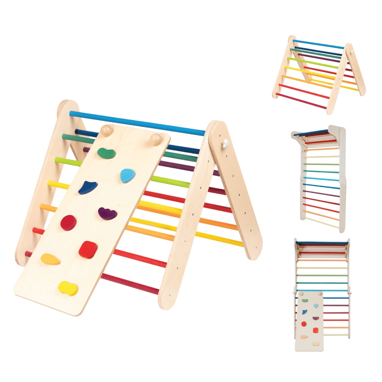 Multicolor climbing triangle set that transforms into a Swedish wall climber gym with a ramp