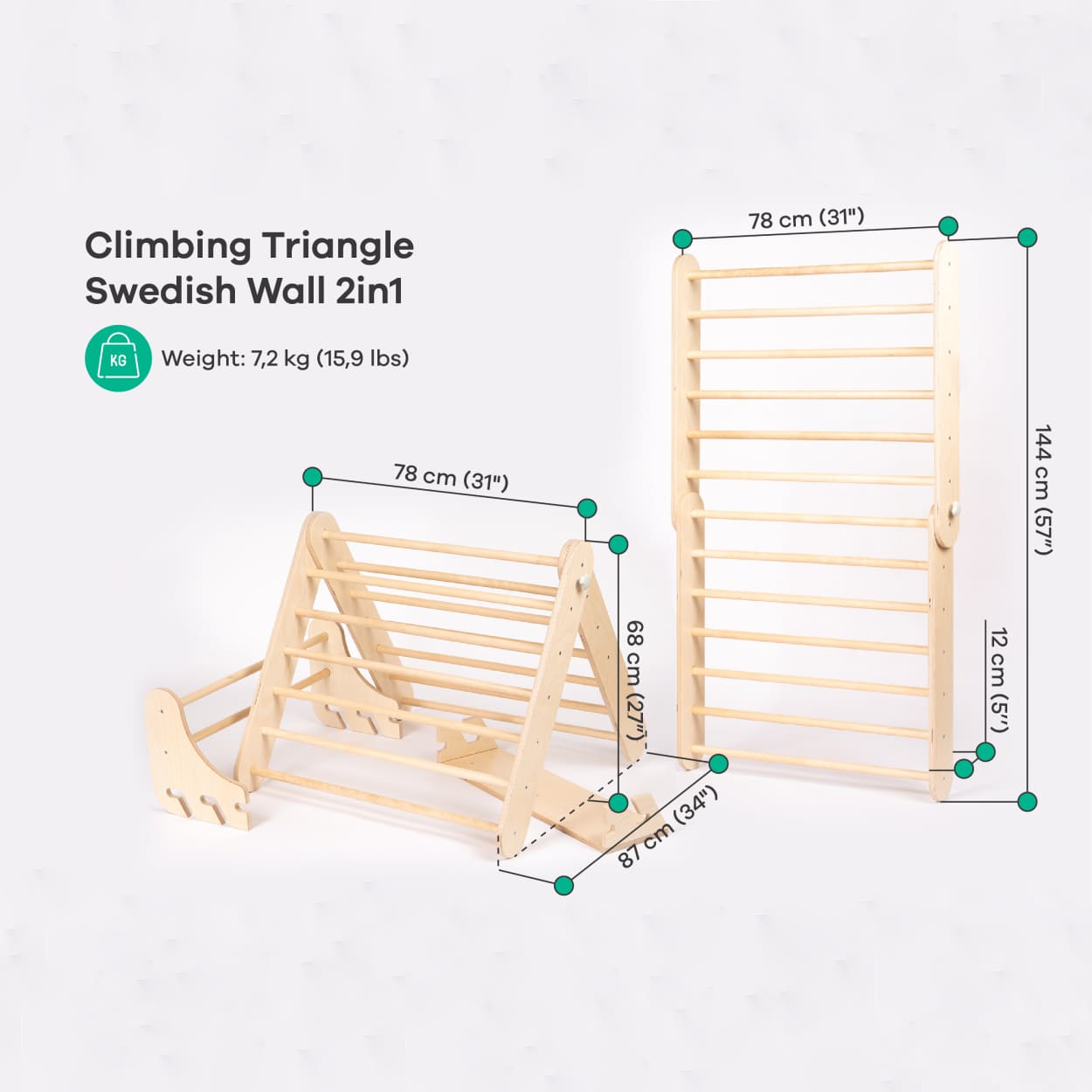 Size chart of leg&go climbing triangle that turns into Swedish ladder 