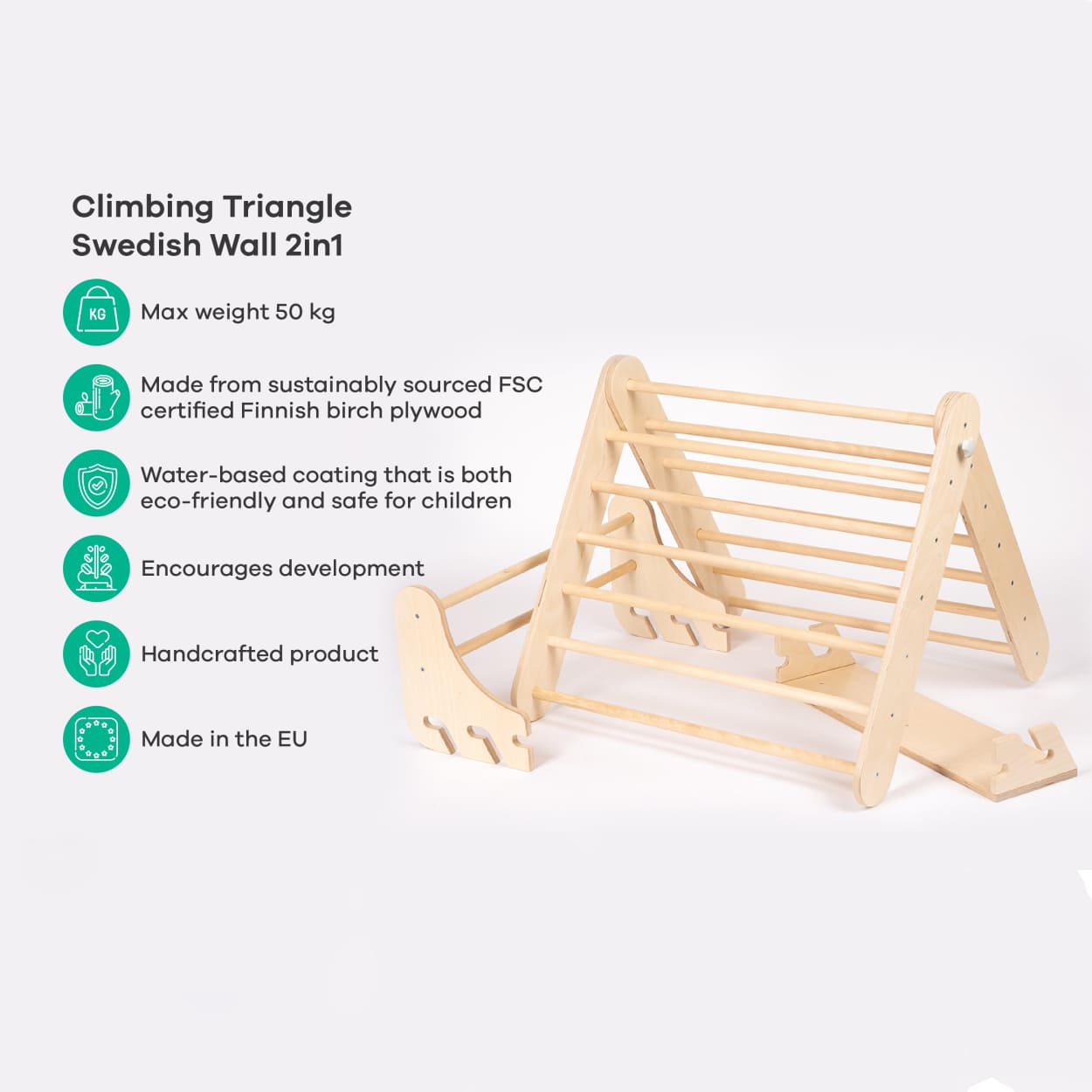 benefits chart of leg&go pikler climbing triangle. Swedish ladder version.