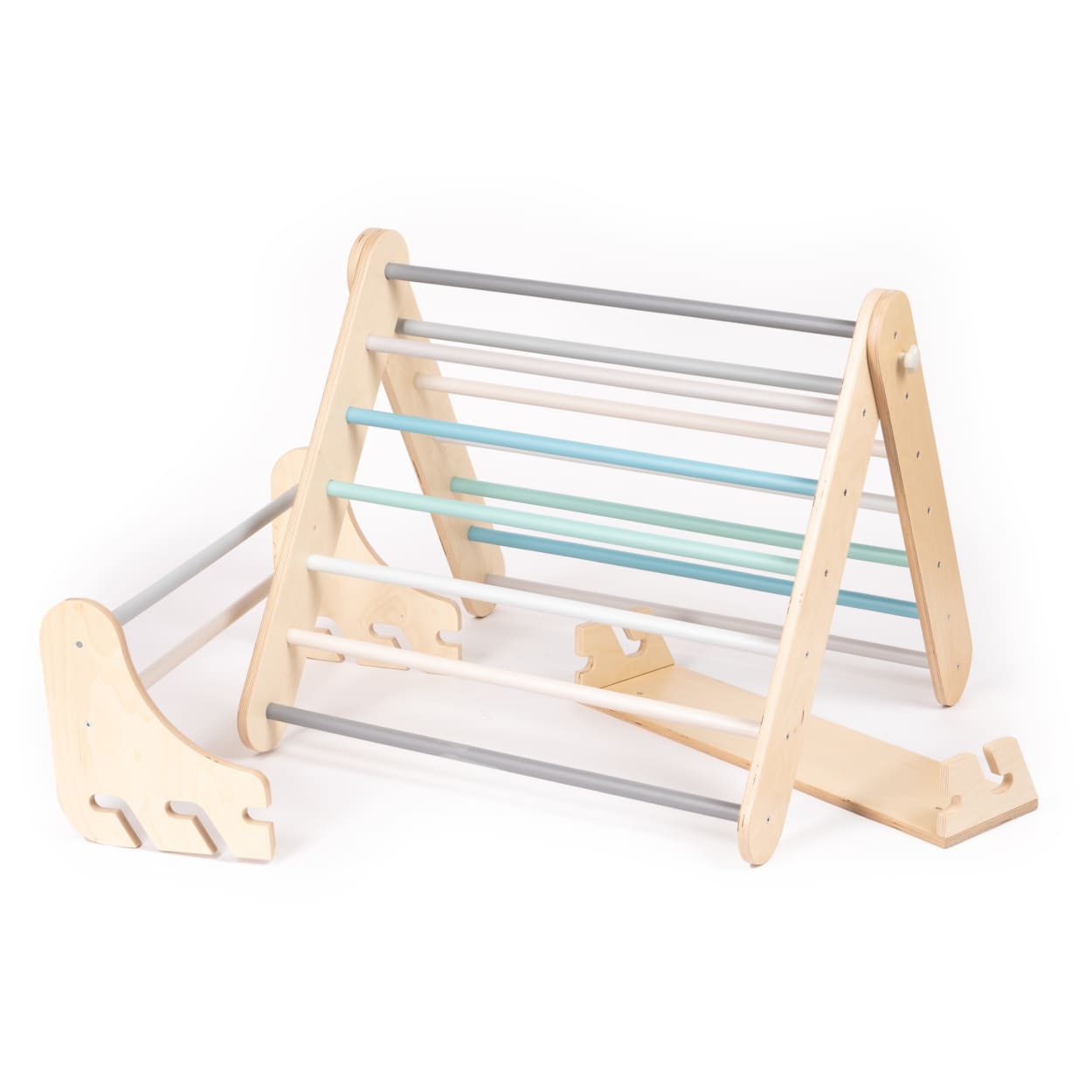 Leg&go climber triangle with parts to turn it into Swedish ladder climbing gym.