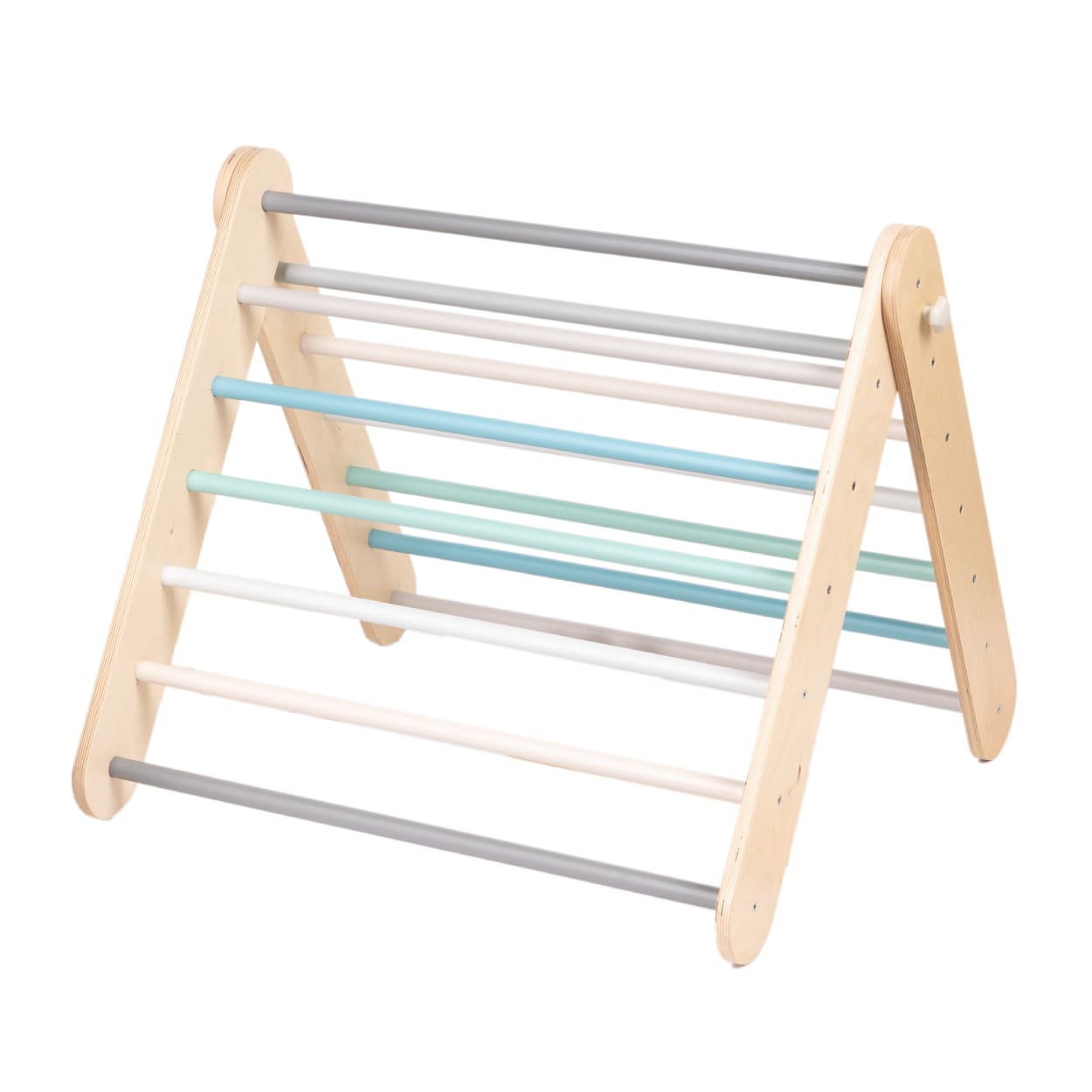 climbing triangle gym with pastel color beams on white background.