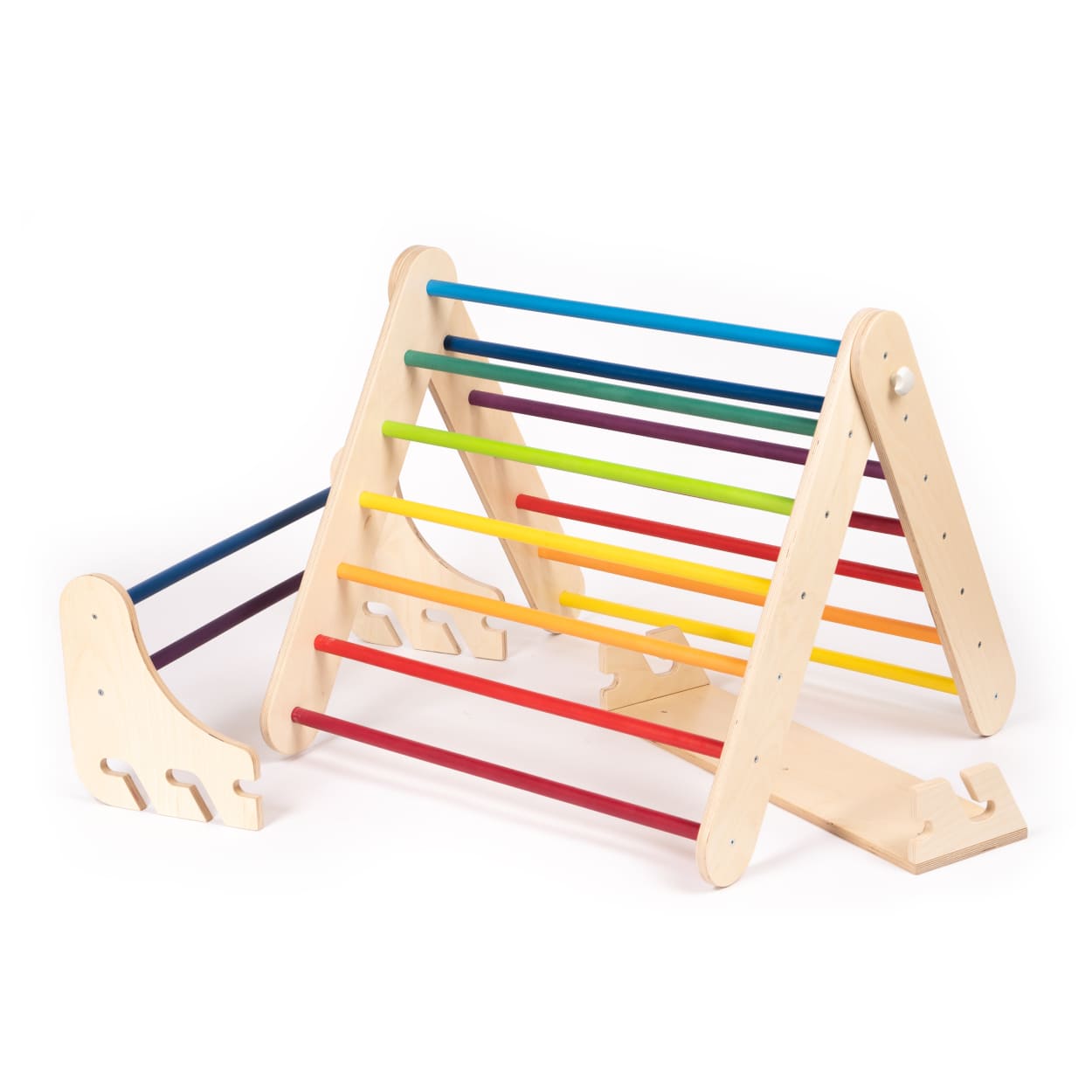 Climbing triangle with rainbow color scheme theme. Can be converted into Swedish ladder. 