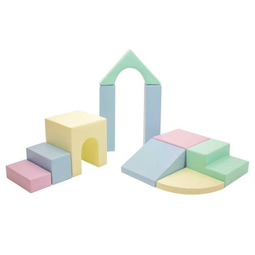 Soft play Creativity set in light pastel colors with blocks arranged in house-like shapes