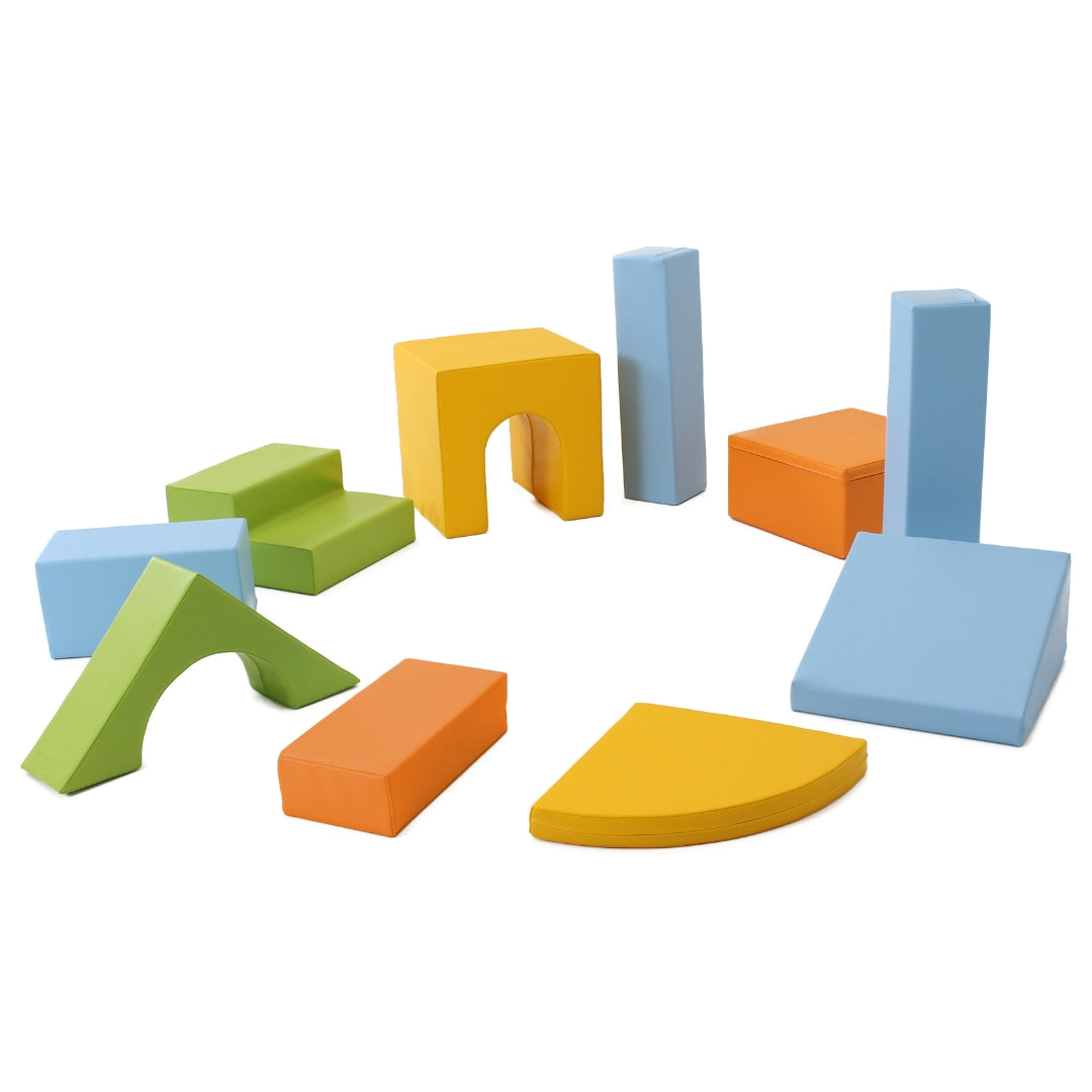 Light colorful Creativity soft play blocks neatly laid out by shape for clear visual display