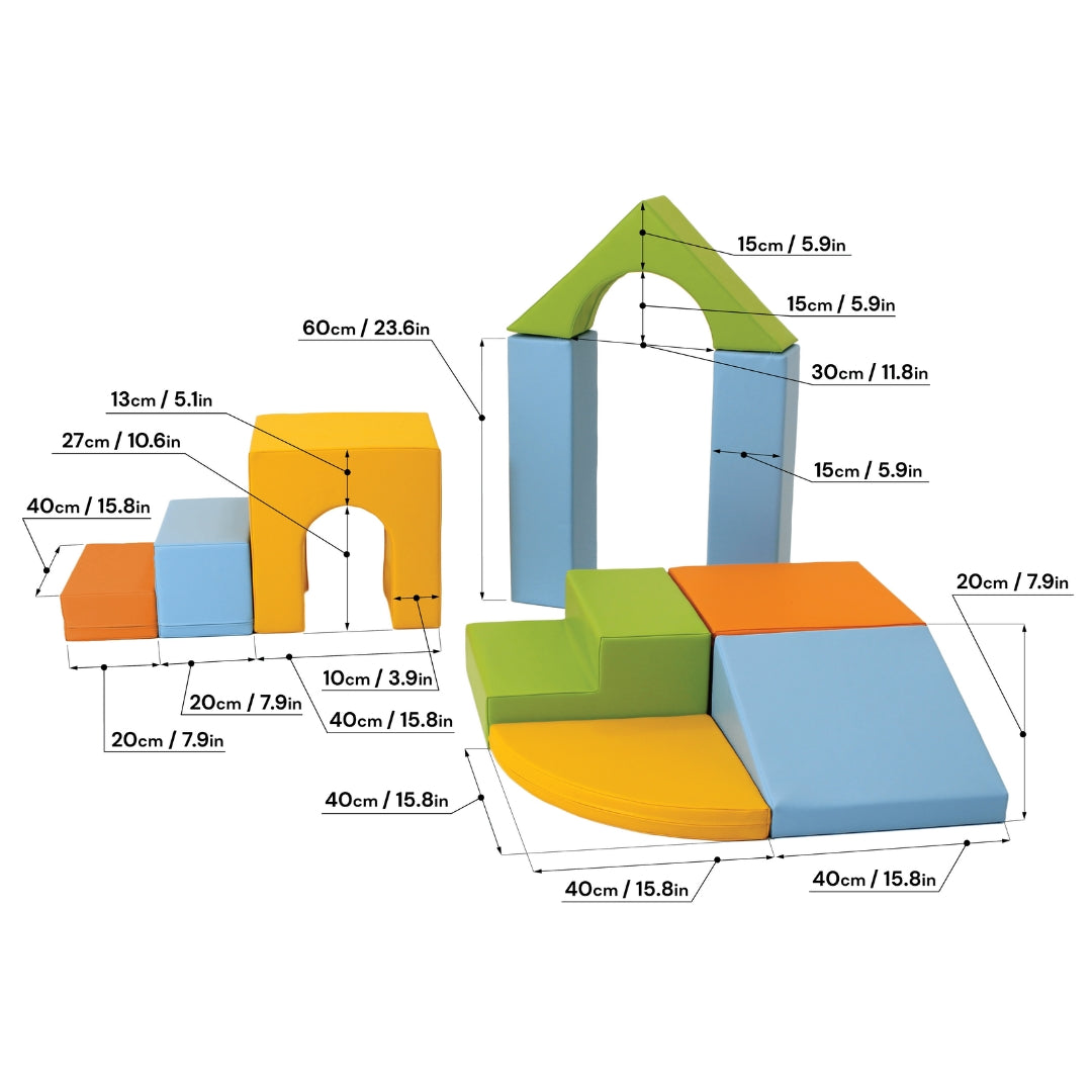 Dimension chart for light colorful Creativity soft play block set