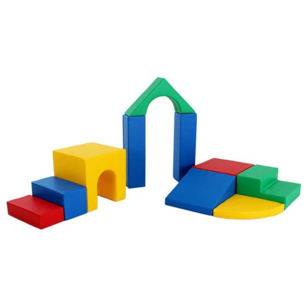 Multicolor Creativity soft play set with blocks arranged in house and step shapes