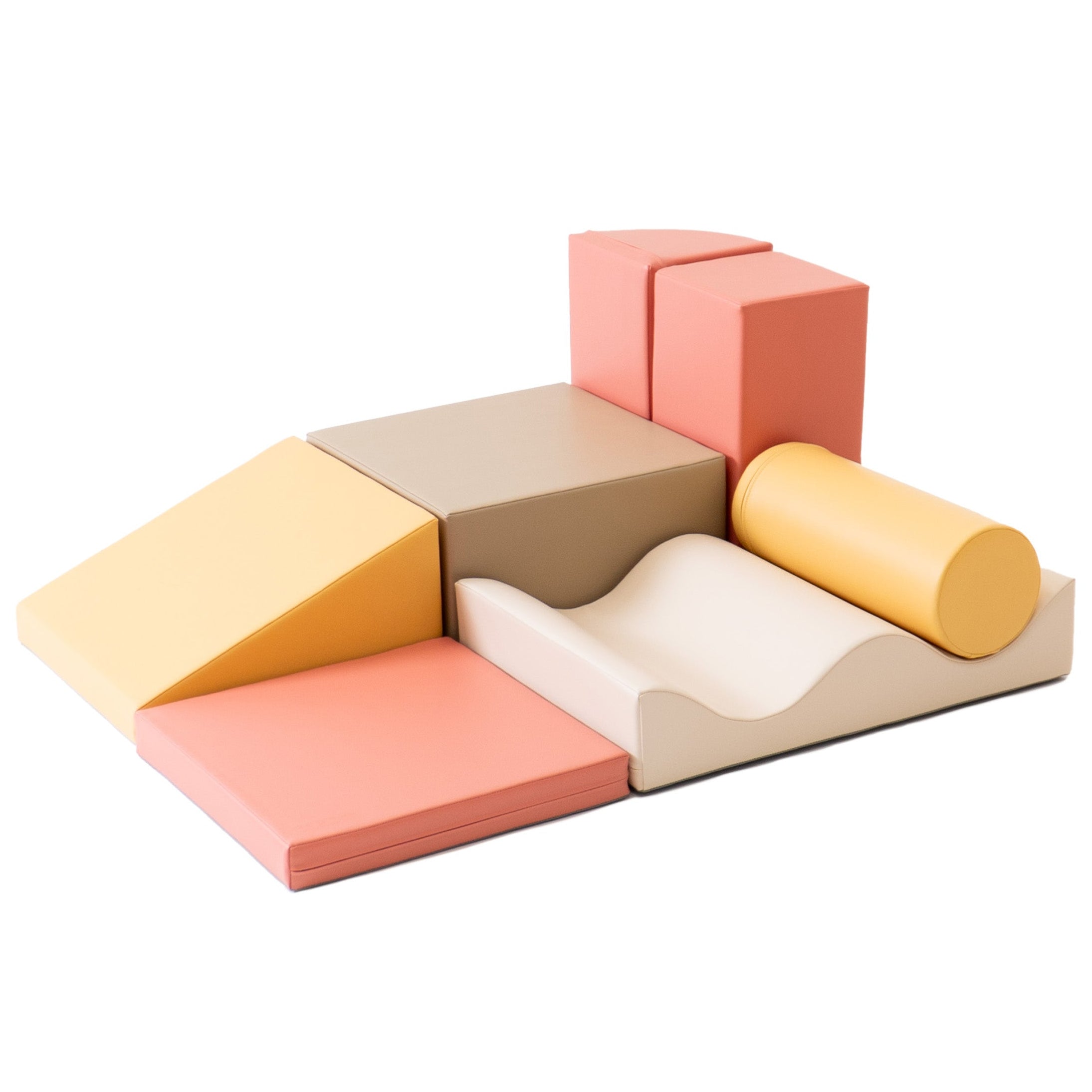 Soft play Discoverer set in beige and pink tones arranged in compact layout