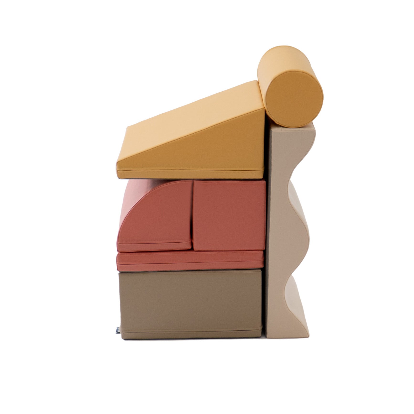 Stacked soft foam blocks in Discoverer beige pink set with vertical tower-like structure