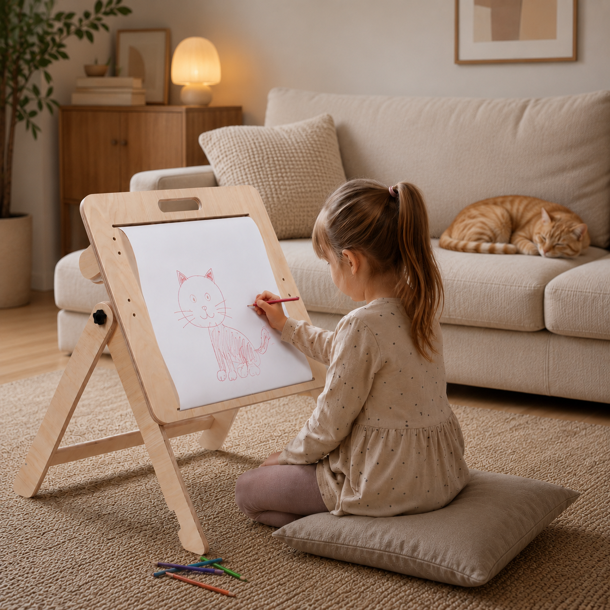 Child creating artwork on an adjustable wooden drawing board for kids