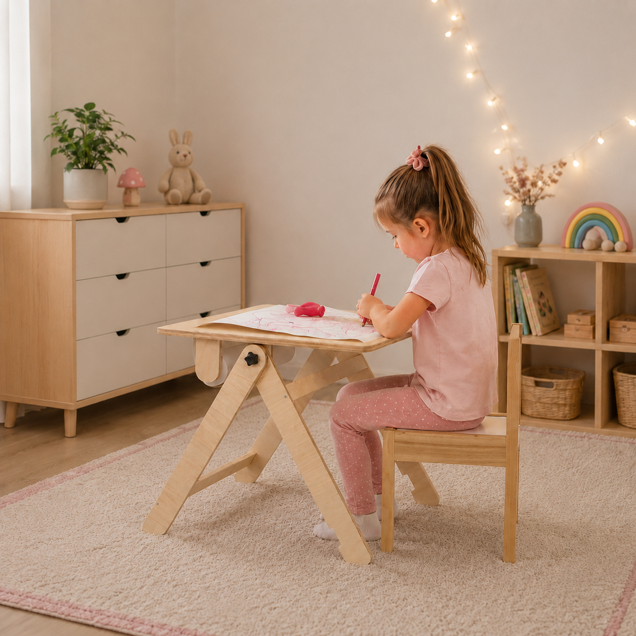 Girl drawing at a foldable kids drawing table in cosy kids room