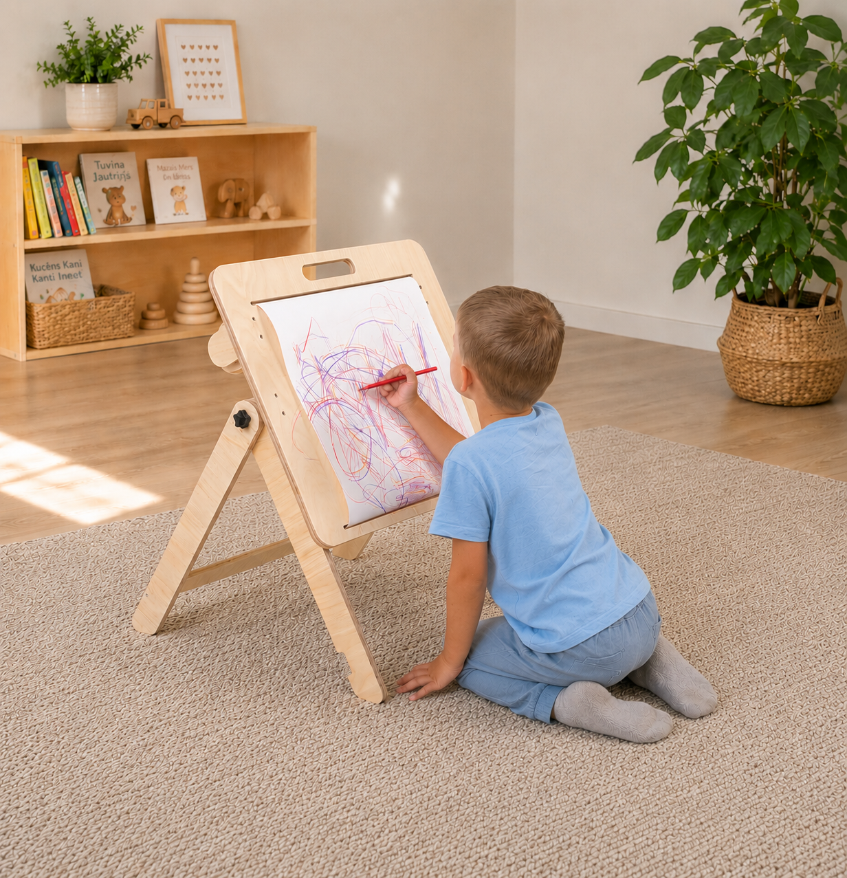 Child painting on an upright kids drawing board with a paper roll