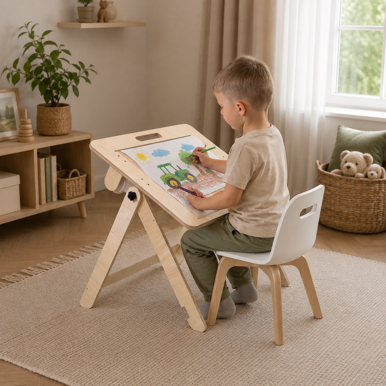 Child using a 2-in-1 kids activity table for drawing and crafts