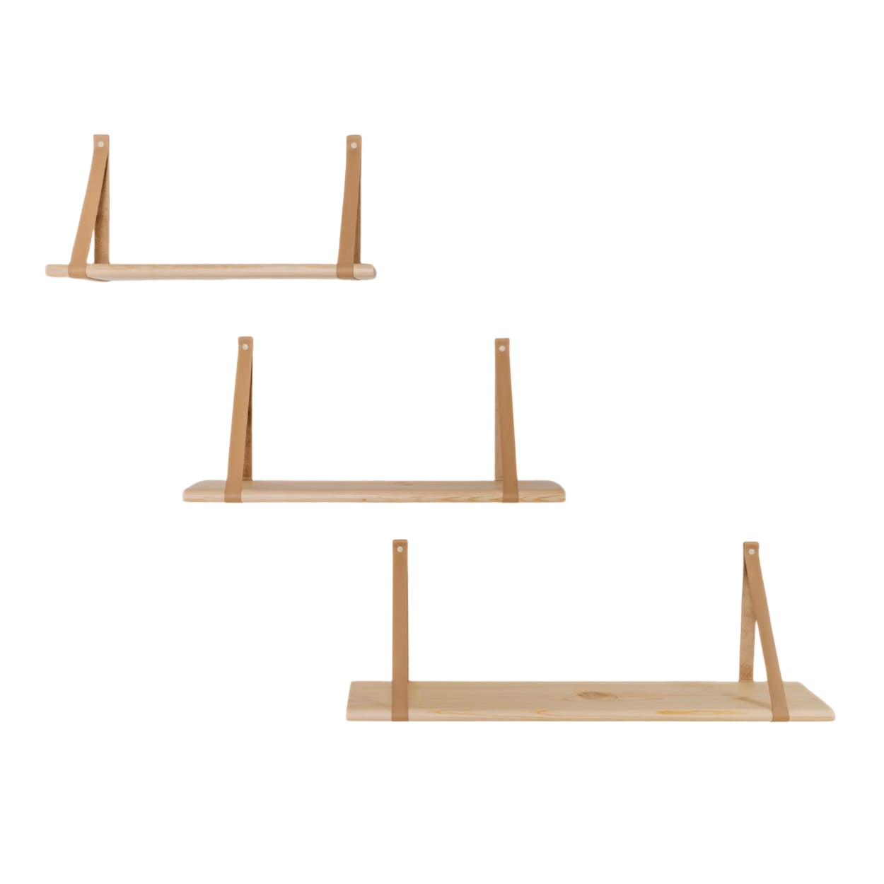 Wooden floating shelves with leather straps
