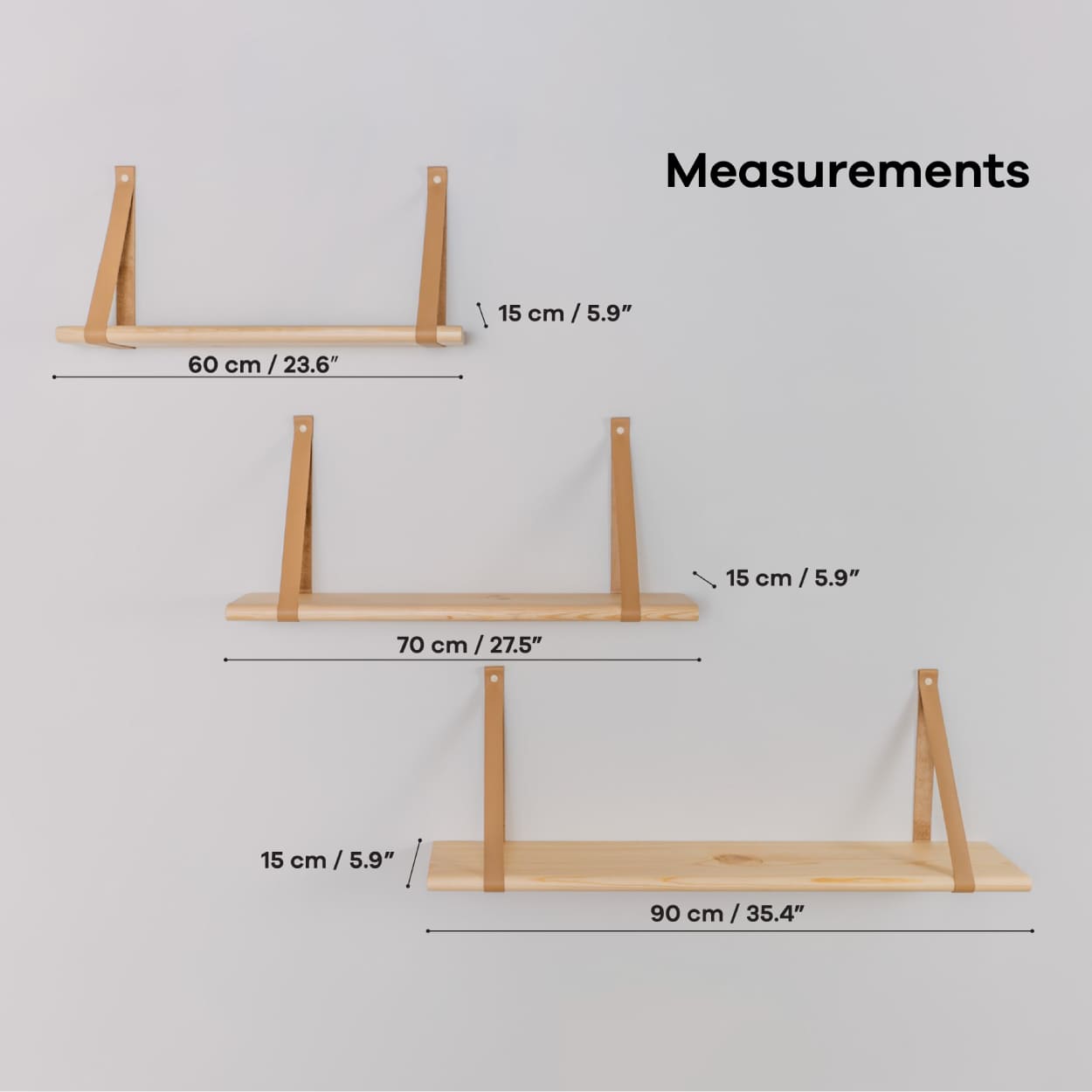 size chart of leg&go wooden floating shelves in  different sizes.