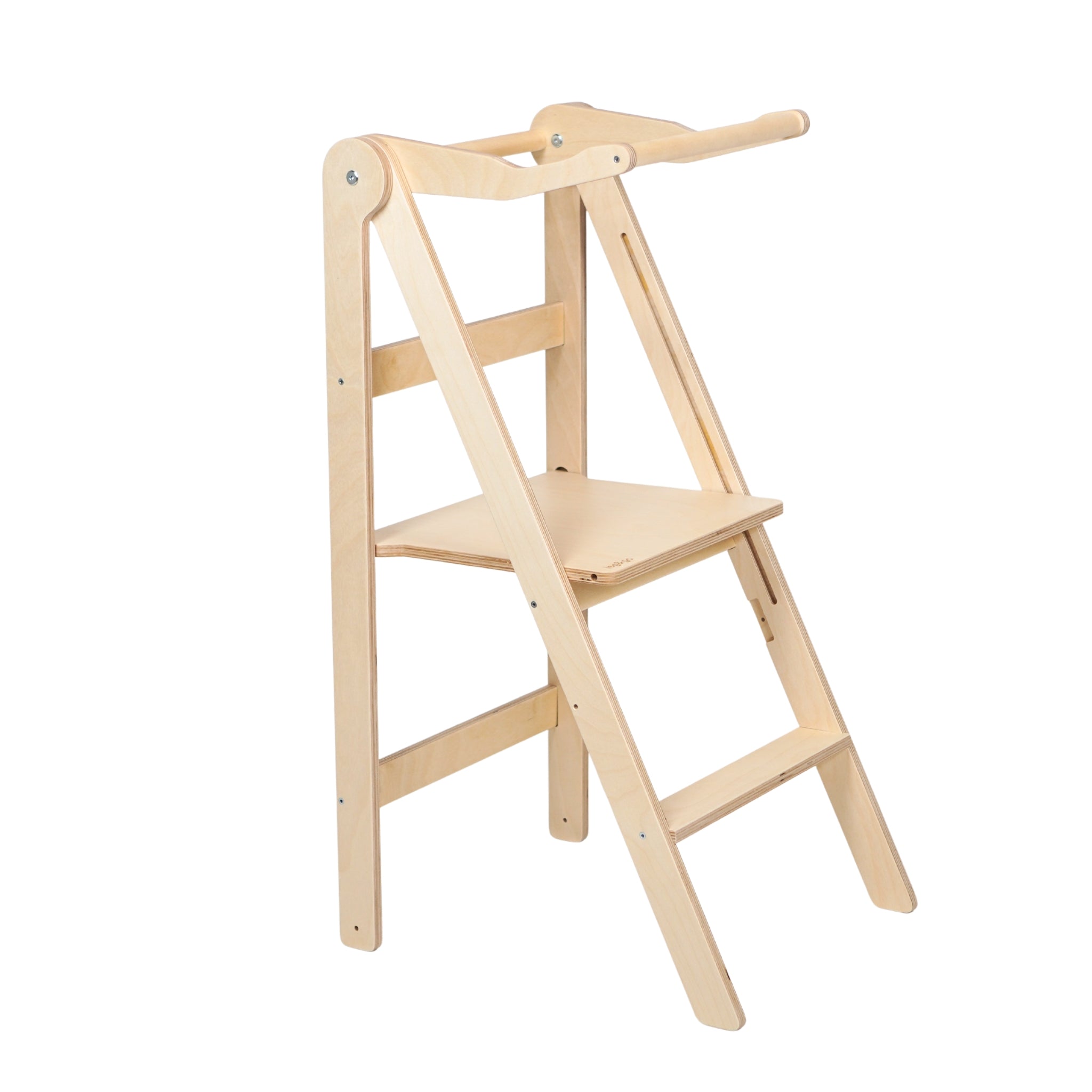 Foldable wooden learning tower in natural wood color with safety rail for toddlers