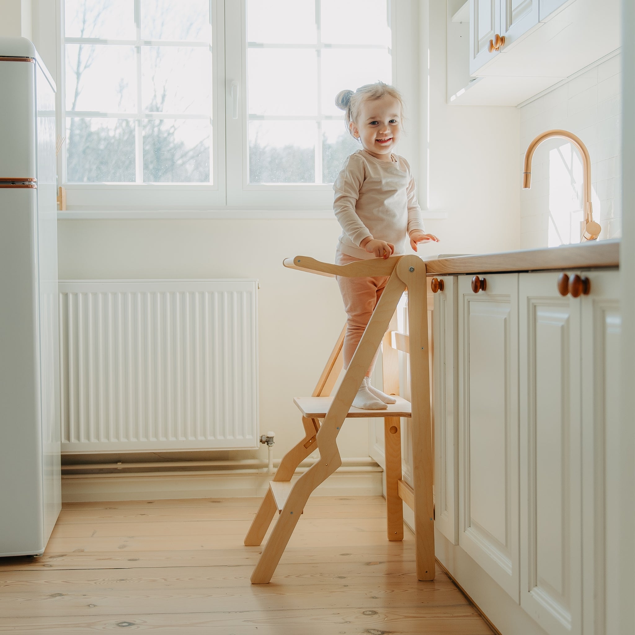 natural wood foldable helper tower zigzag for toddler kitchen use