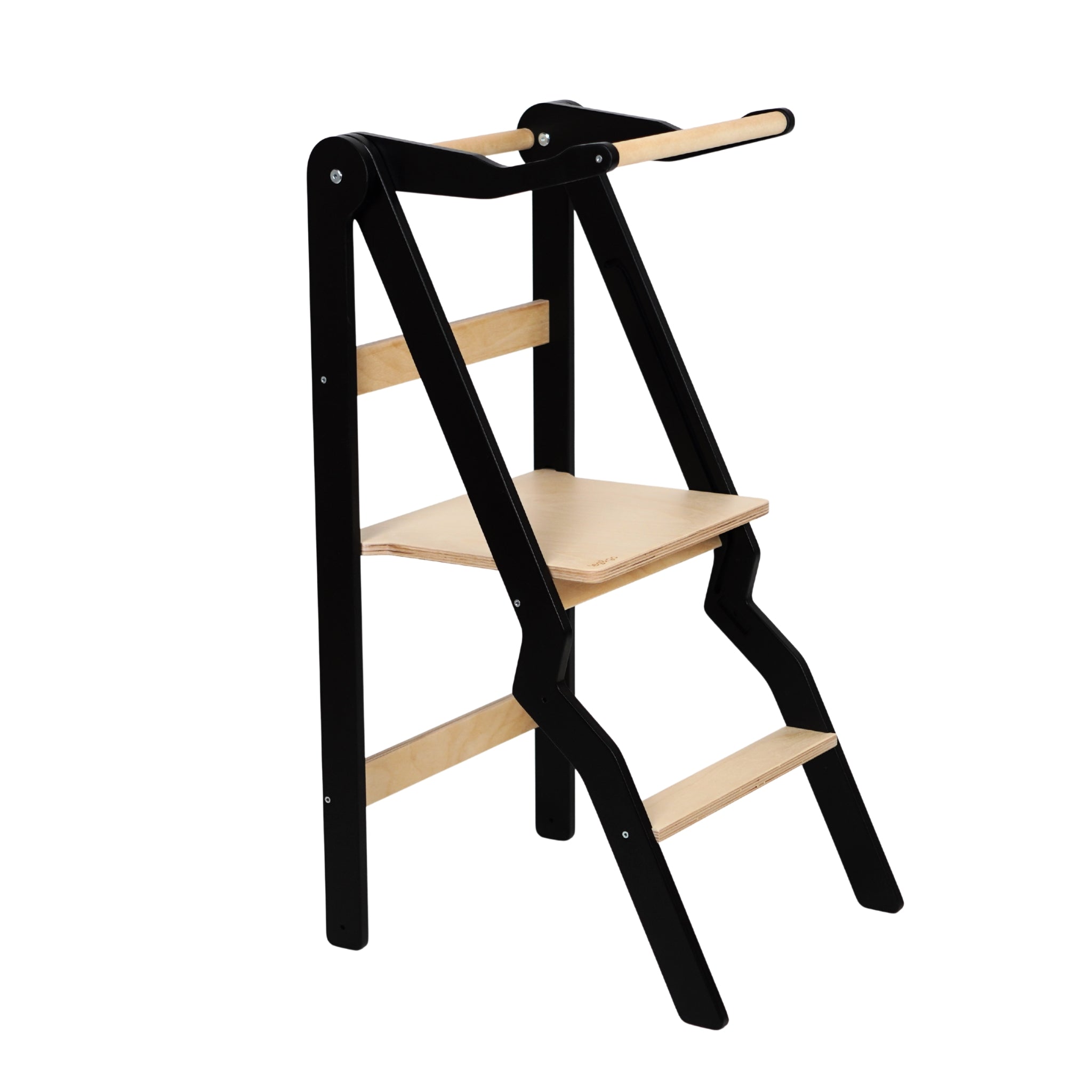 black foldable learning tower zigzag with integrated safety rail