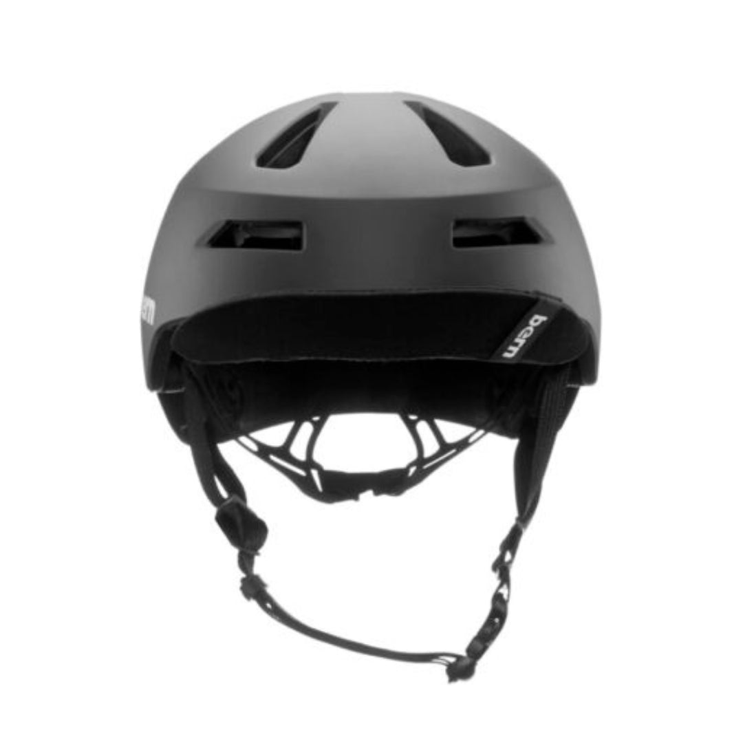 Black helmet with a white brand logo on a white background