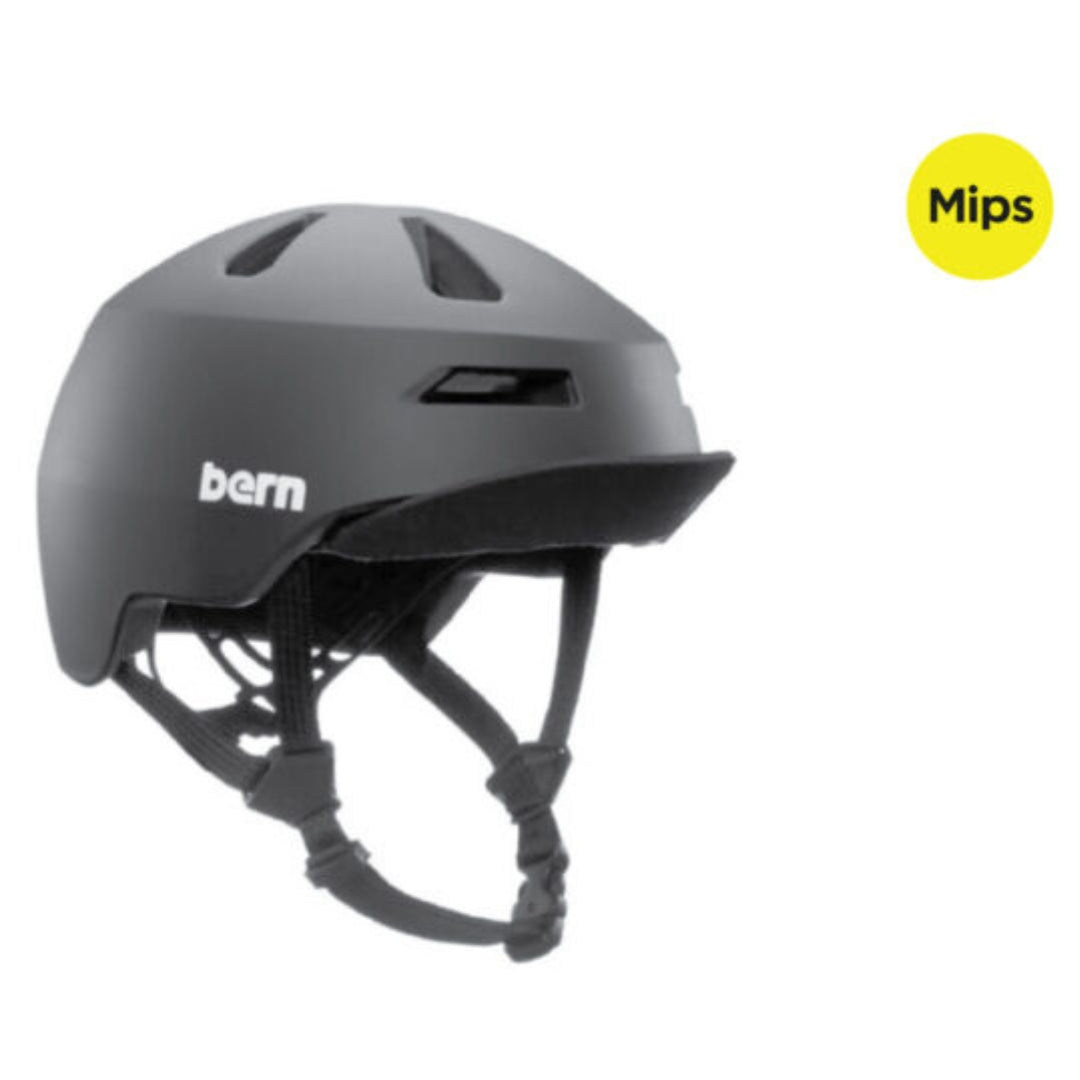 Gray helmet with 'Bern' branding and Mips logo on a white background