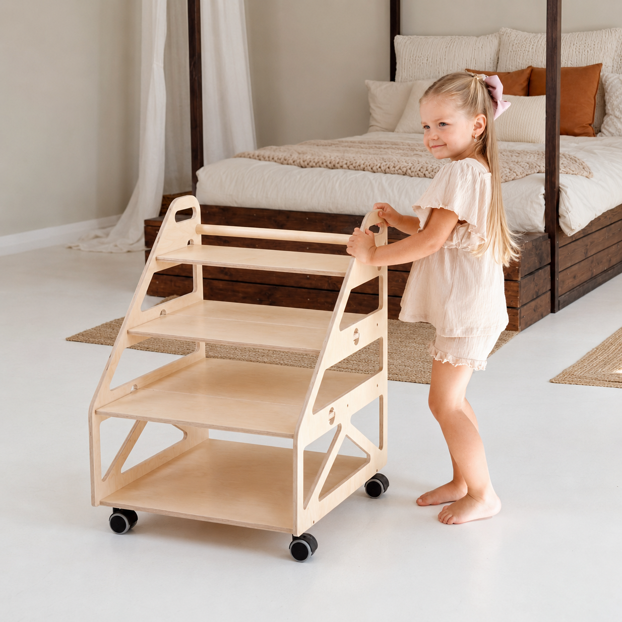 Child using a natural wood Montessori bookshelf and reading chair
