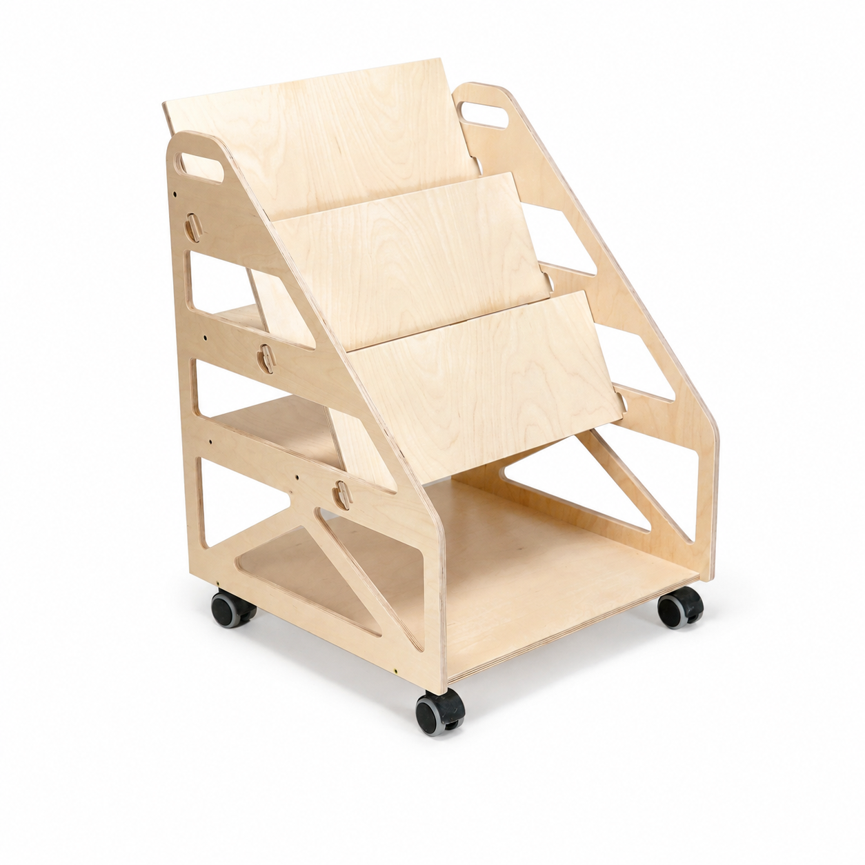 Natural birch plywood Montessori bookshelf on wheels for kids