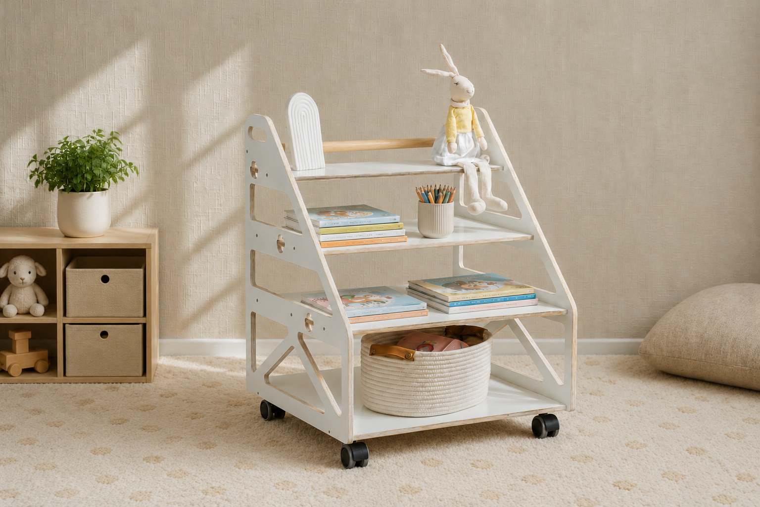 White Montessori bookshelf with front-facing book display and toy storage