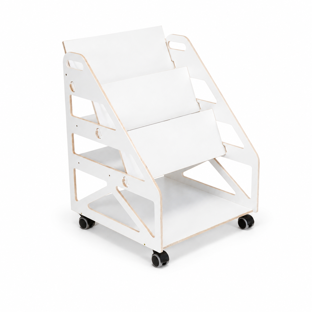 White Montessori bookshelf on wheels with natural birch wood top rail