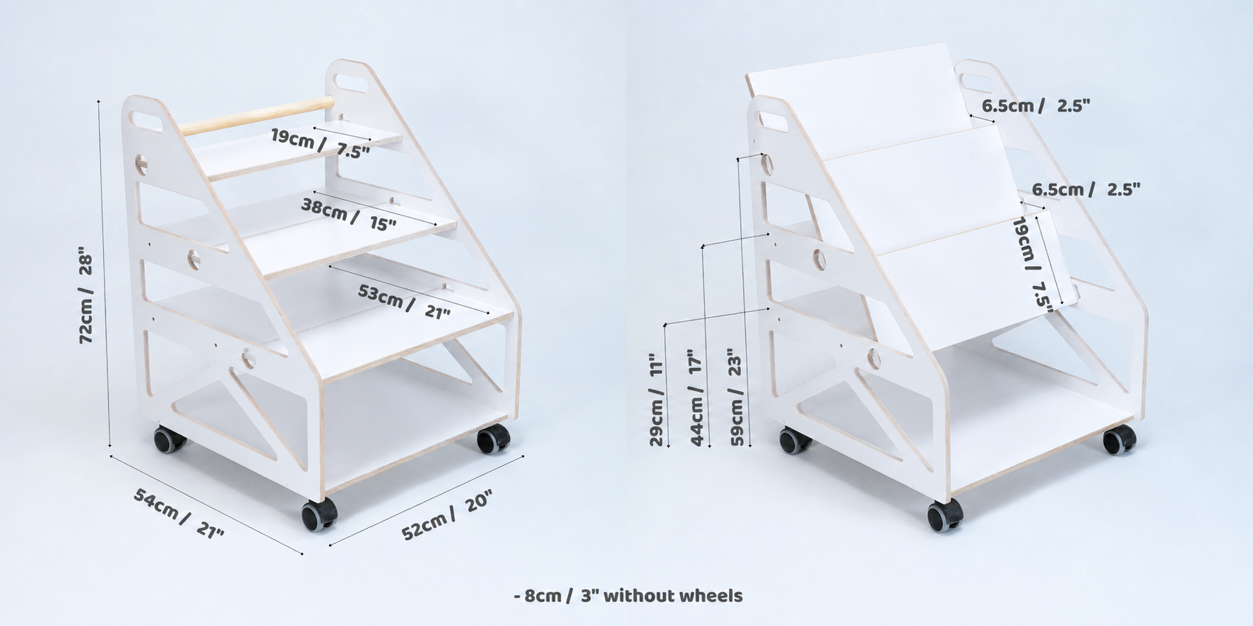 White Montessori bookshelf on wheels for kids with product dimensions