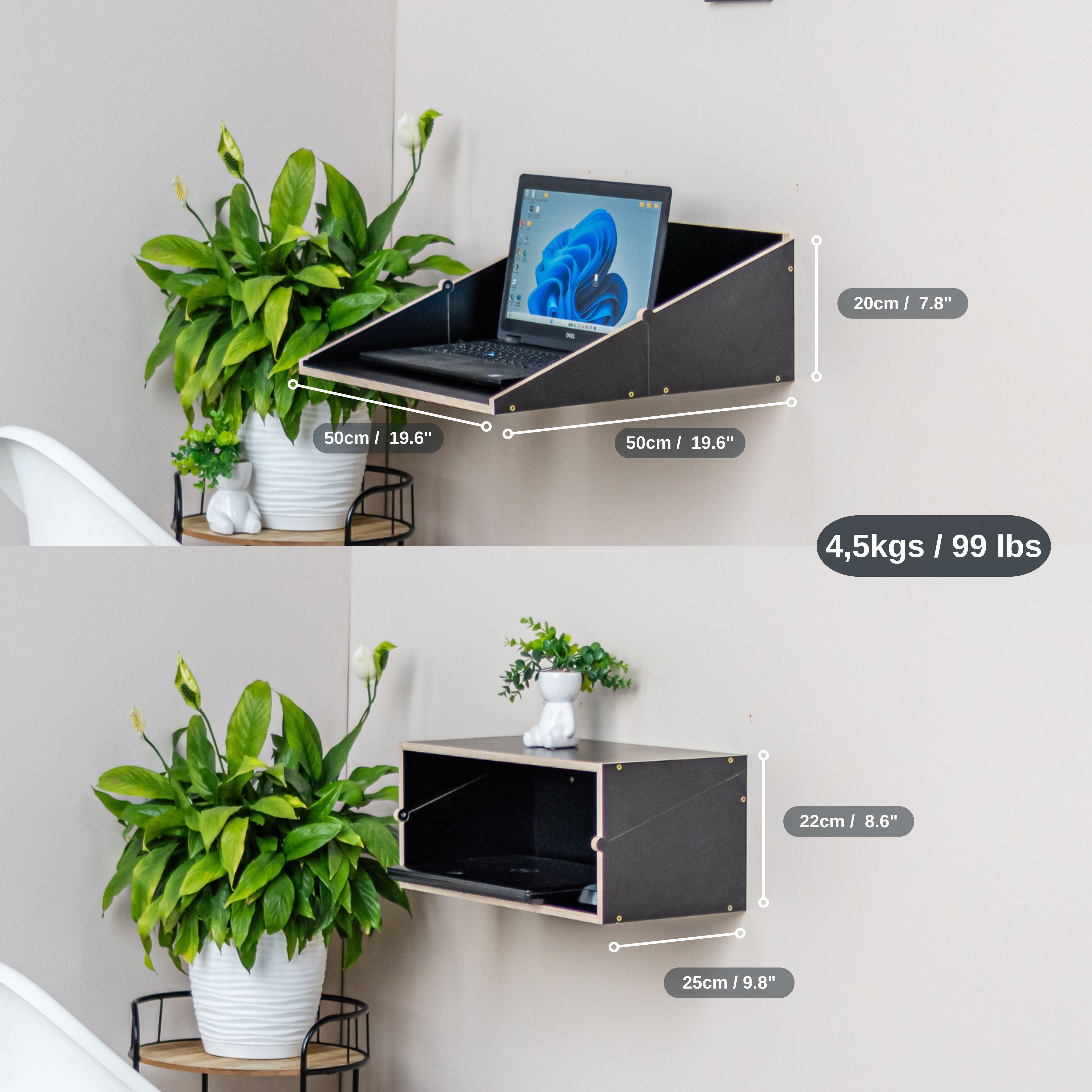 Floating Murphy Desk dimensions and storage space illustration
