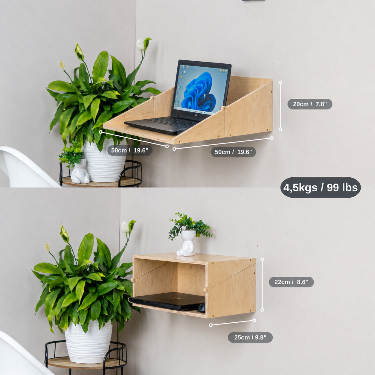 Murphy Desk dimensions showing open and closed measurements of the wall mounted folding desk