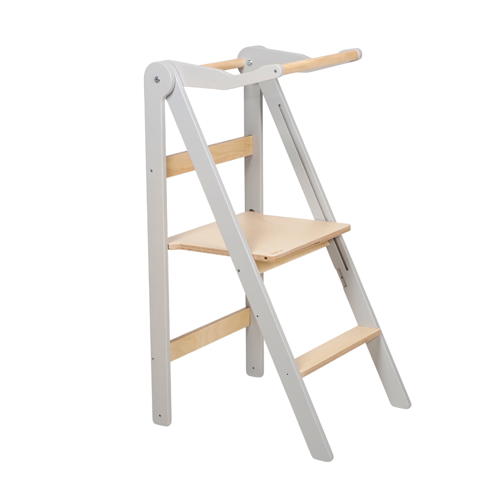 Pastel gray wooden learning tower for kids with foldable design and safety rail