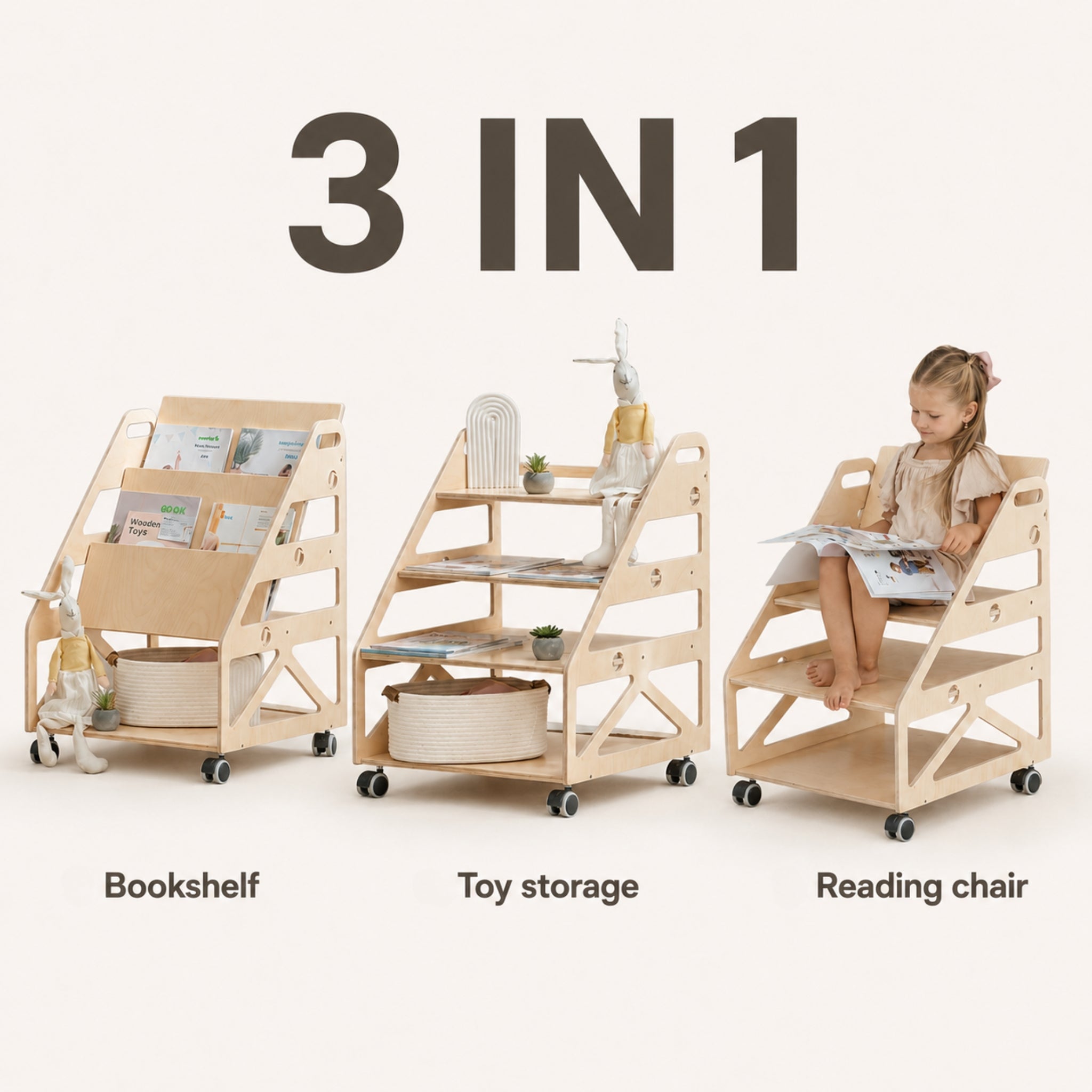3-in-1 Montessori bookshelf, toy storage shelf and reading chair for kids