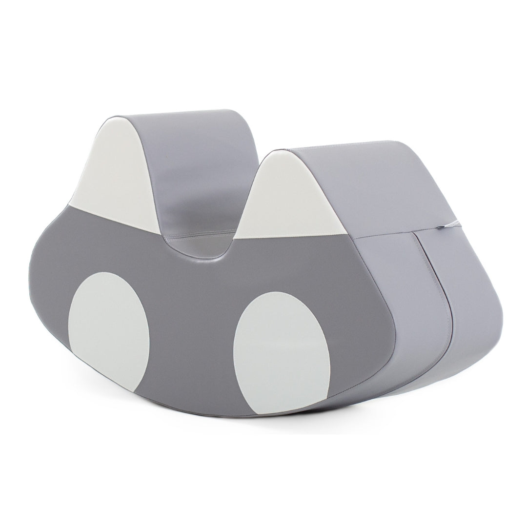 Side view of gray soft foam rocker car toy, designed for safe and creative indoor play