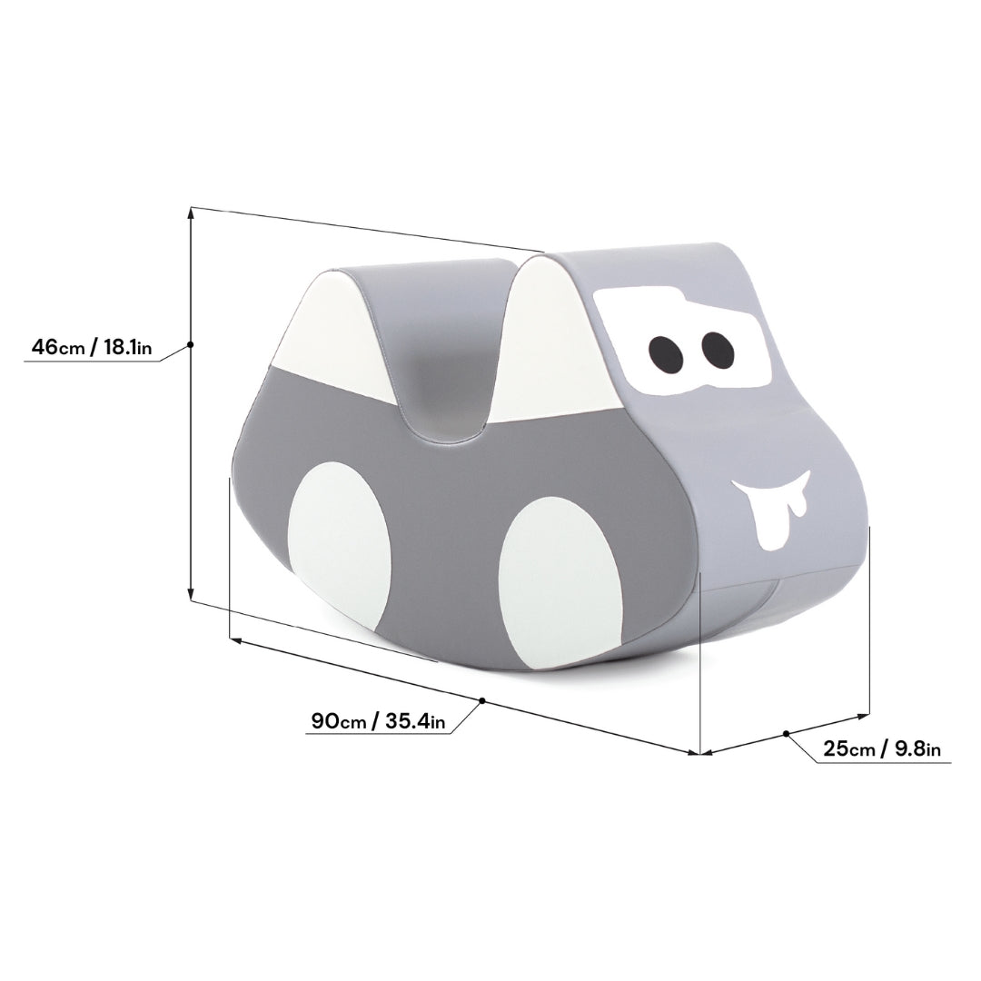Gray rocker car toy with clear dimensions shown, perfect soft play ride-on for toddlers