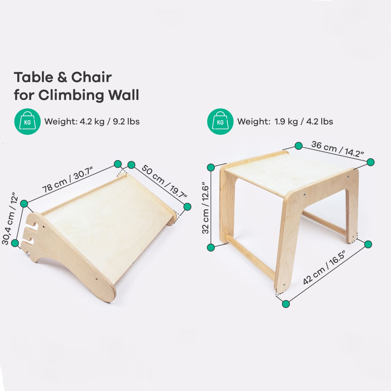 Size chart of table and chair add on for the climbing triangle - swedish ladder climbing gym set