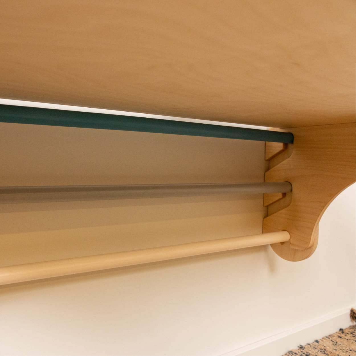 Close up of leg&go table and chair add on secured on Swedish wall gym climber.